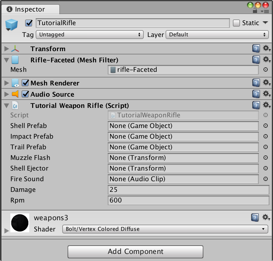 *tutorialrifle* prefab with our *tutorialweaponrifle* script