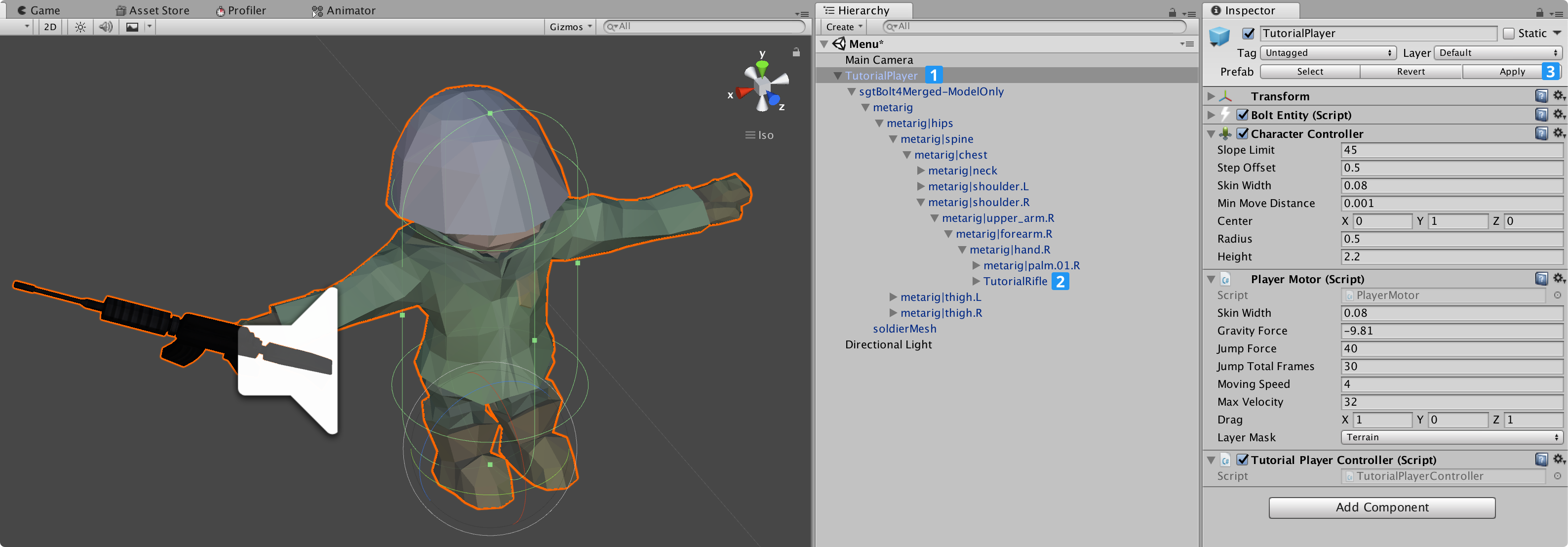 *tutorialplayer* prefab setup with the *tutorialrifle* object