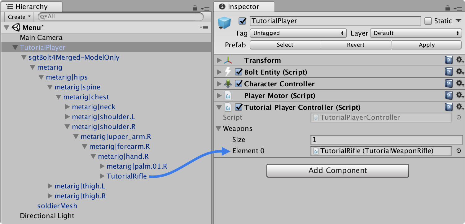 setup weapon reference on *tutorialplayer* prefab