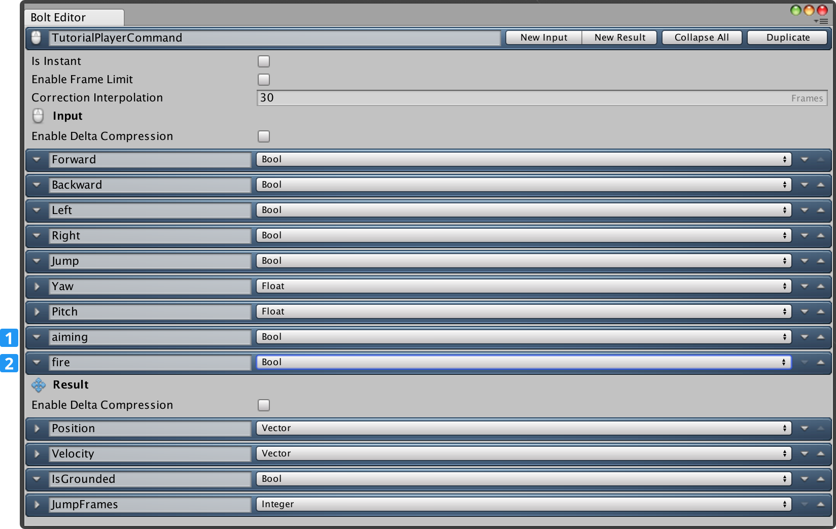 new *weapon* properties on the *tutorialplayercommand* asset