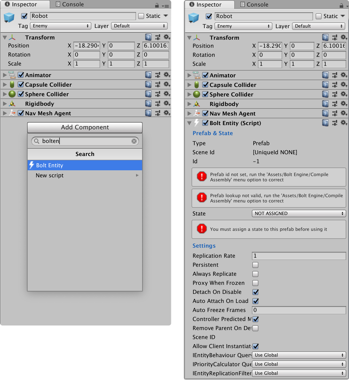 add bolt entity to robot prefab