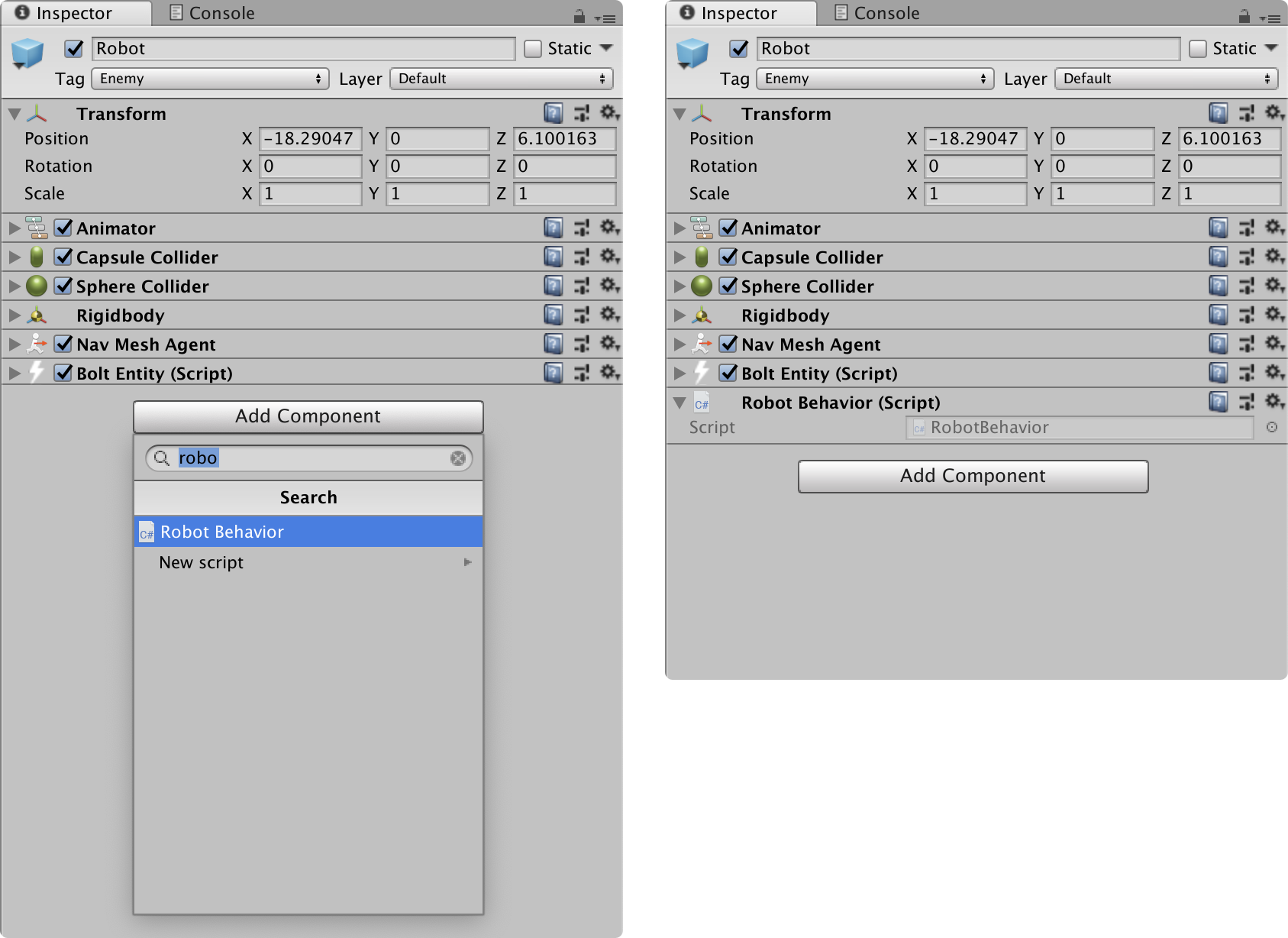 add robot behavior to robot prefab