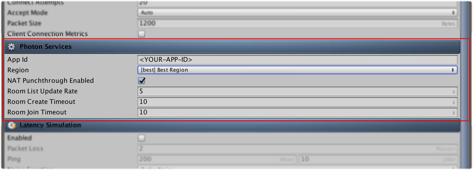 photon cloud configuration on bolt settings window. setup your app id and region.