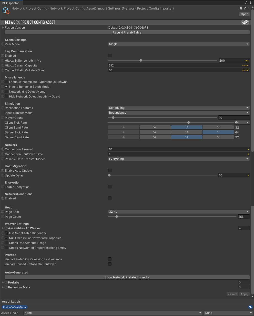 default view of the network project config asset.