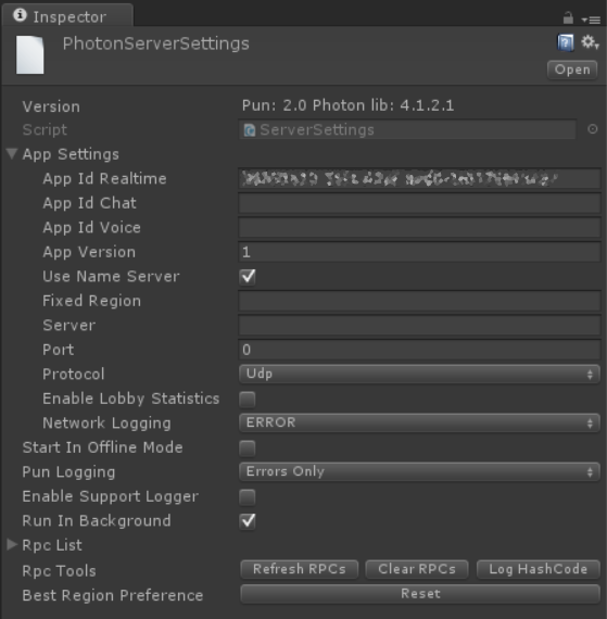 photonserversettings in inspector