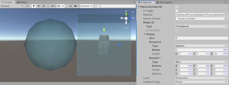 ShapeConfig for a Compound Collider in the Entity Prototype script as shown in the Unity Editor