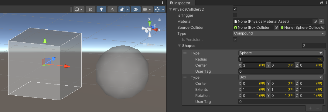 shapeconfig for a compound collider in the entity prototype script as shown in the unity editor