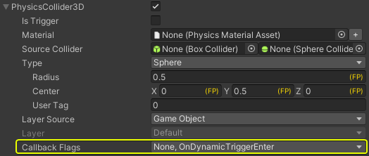 setting physics callbacks via the entity prototype's physics properties in the unity editor