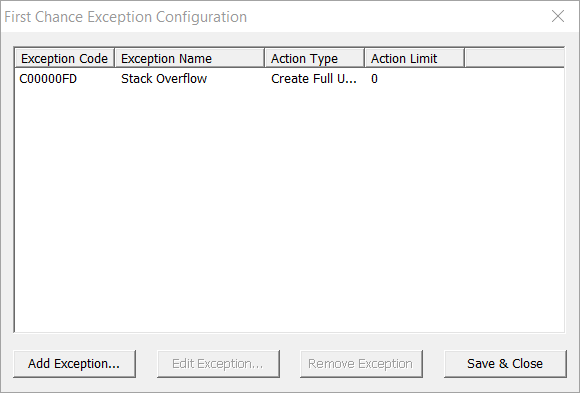 first chance exception configuration