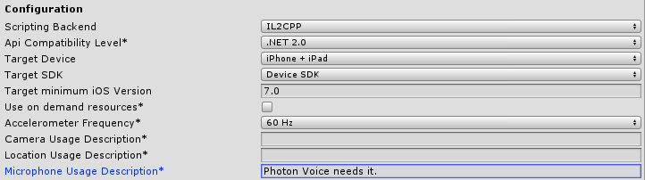 Microphone Usage Description in Player Settings for iOS
